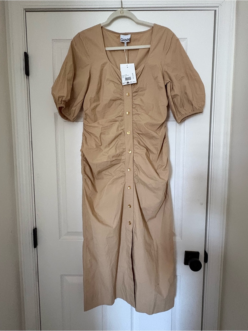 Ganni Tan Ruched Button-Front Midi Dress